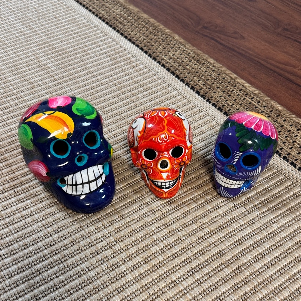 Colorful Ceramic Skull Decor Set Day of the Dead Skull Handmade Mexico